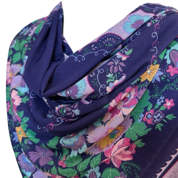 Vintage Saks Fifth Avenue Floral Scarf | Dark Purple Square with Fringe - Picture 5 of 10